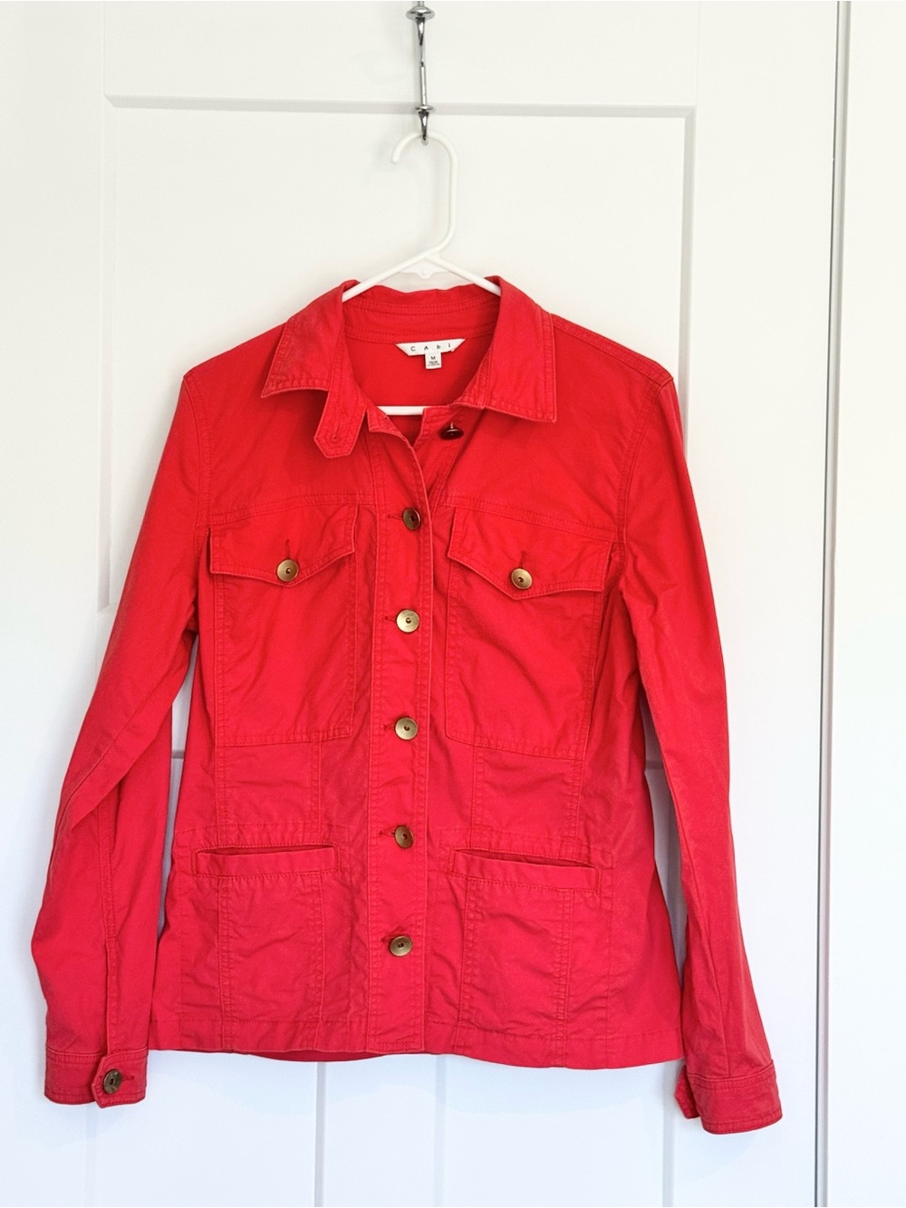 Cabi Washed Coral Peplum Ruffle Back Utility Jacket Medium Military Style